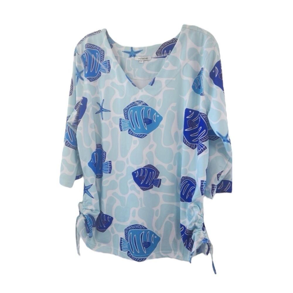 Petsche Top Fish Print White Blue ¾ Sleeves Poly Stretch Cinch Sides Womens Med